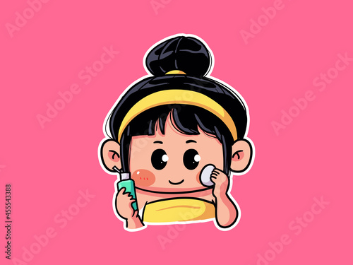Cute and kawaii Girl Wipe face with cotton pad for Skincare Routine manga chibi Illustration