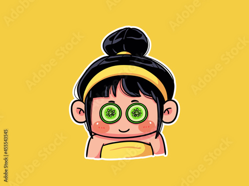 Cute and kawaii Girl wear cucumber eye mask for Skincare Routine manga chibi Illustration