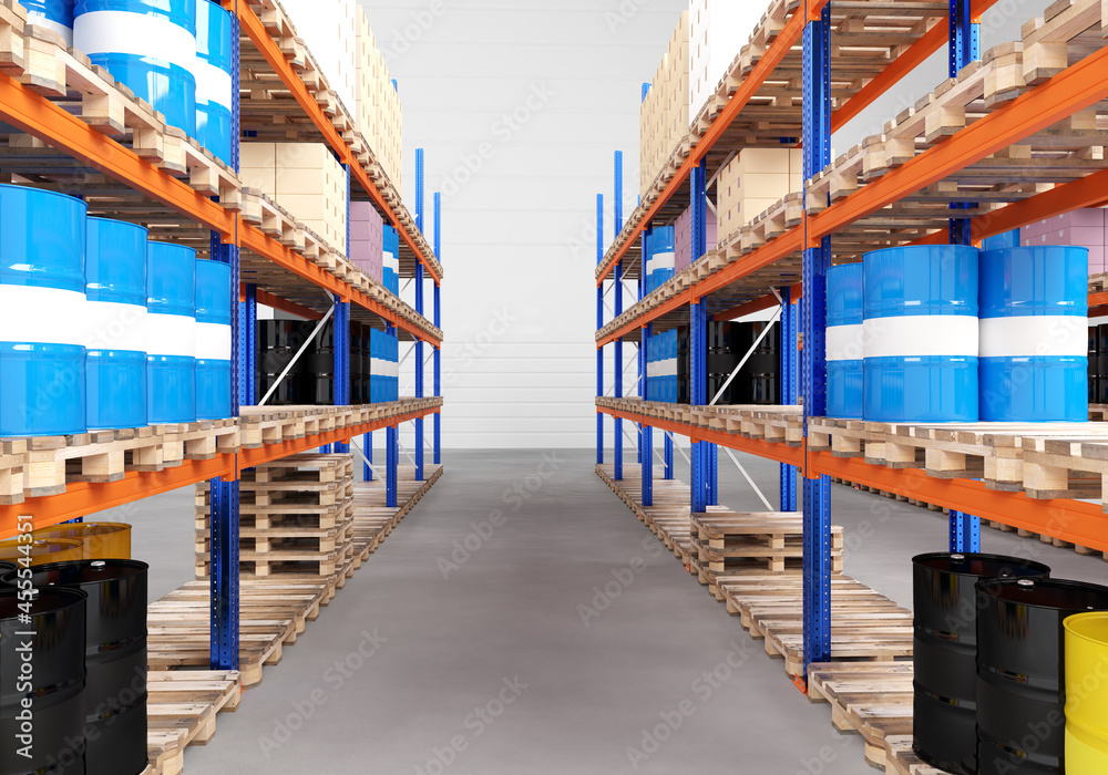 Warehouse with pallet racks. Storage of chemical products. Pallet racks with barrels. Logistics center. Chemical warehouse with shelves. Warehouse with pallet racks. Storage of chemical products. Pallet racks with barrels. Logistics center. Chemical warehouse with shelves.