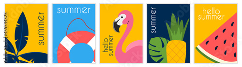 Set of summer pictures. Flamingo, lifebuoy, leaves, plants, watermelon, pineapple. Collection of bright, sunny images. Website graphic elements. Flat vector illustration isolated on white backdrop