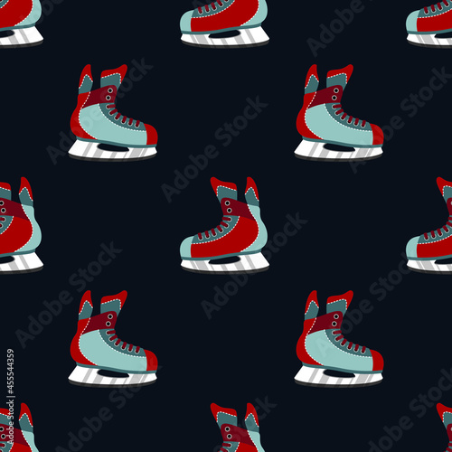 Ice hockey skates flat design on black background seamless pattern. Sport boots vector illustration.