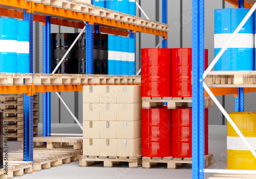 Warehouse of chemical products. Storage of barrels in stock. Pallet racks with barrels. Logistics center. Fragment of the distribution warehouse. Storage and logistics.