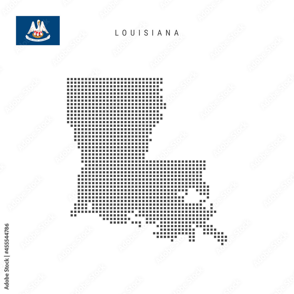 Square dots pattern map of Louisiana. Dotted pixel map with flag. Vector illustration