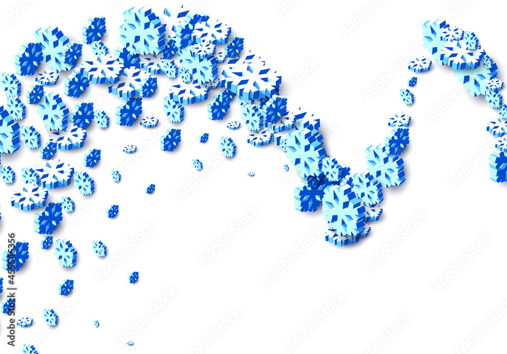 Winter background with snowstorm and sprayed snowflakes for New Years Eve holidays or abstract Christmas greeting card. 3D isometric vector Xmas snowflake shapes.