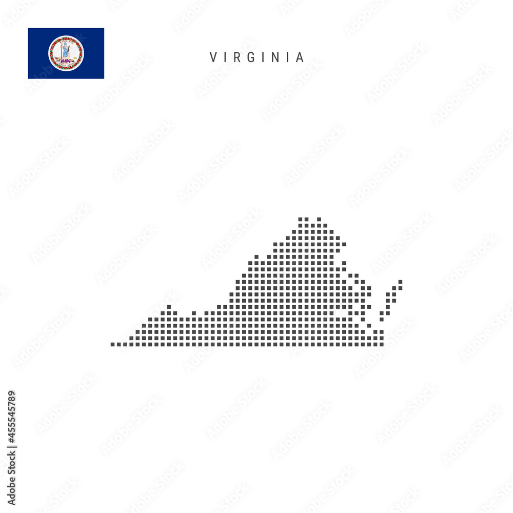 Square dots pattern map of Virginia. Dotted pixel map with flag. Vector illustration