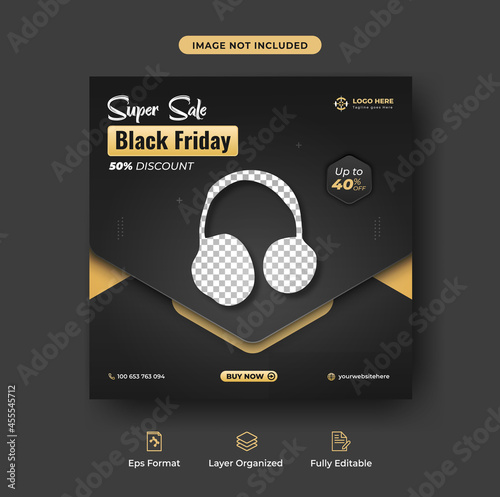 Special offer black friday headphone promotional social media post or editable web banner template Premium Vector