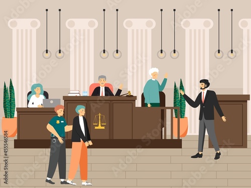 Court session in the courtroom, flat vector illustration. Judicial process. Law and justice. Legal trial scene.