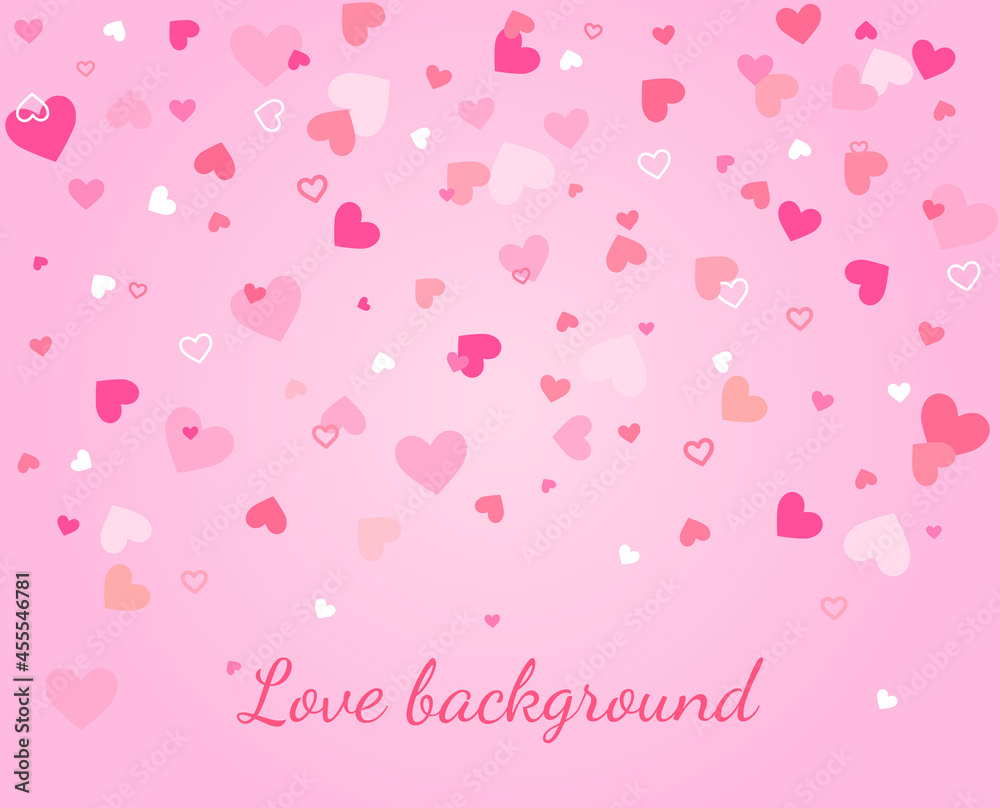 Love background with hearts. Soft and delicate picture for romantic events. Valentines day card. Graphic elements for websites with cosmetics. Flat vector illustration isolated on pink backdrop
