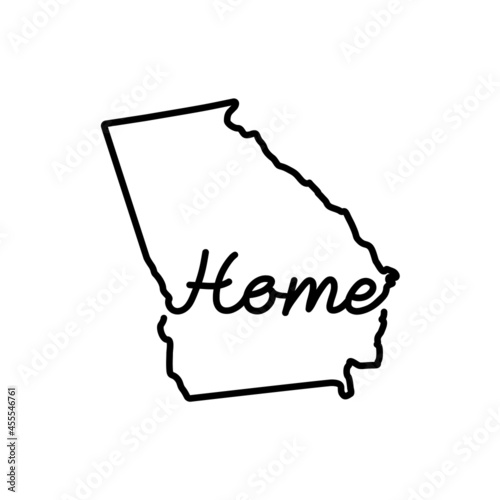 Georgia US state outline map with the handwritten HOME word. Continuous line drawing of patriotic home sign