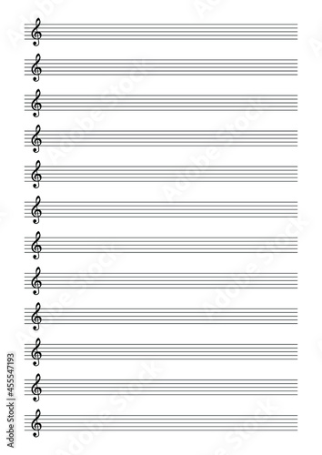 Musical notation with lines and treble clef on a white background. Template for teaching and recording melodies, compositions. Vector.
