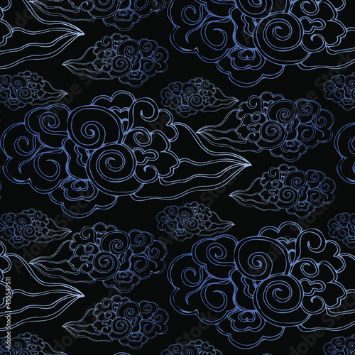 Hand drawn seamless pattern with blue and white clouds. Chinese, Korean, Japanese ornament. Traditional symbol. Vector illustration.