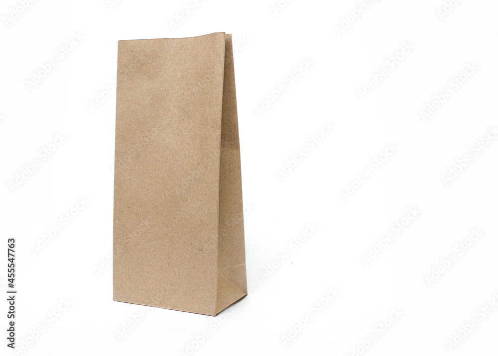 Brown paper craft bag packaging template isolated on white background. Front and back view.Half Side view package