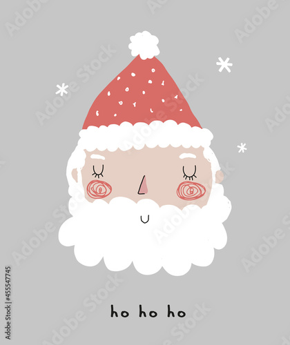 Hand Drawn Vector Illustration with Cute Dreamy Santa Claus. Infantile Style Print ideal for Wall Art, Poster, Card. Funny Santa in Red Woolen Hat Isolated on a Light Gray Background. Christmas Card.