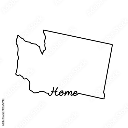 Washington US state outline map with the handwritten HOME word. Continuous line drawing of patriotic home sign
