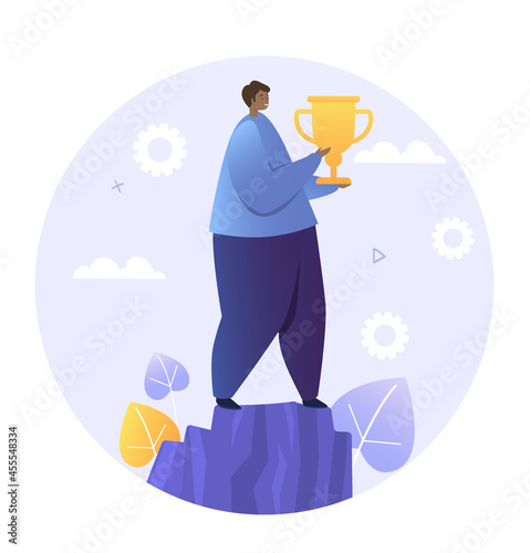 Man holding cup. Human won competition and received welldeserved award. Character rejoices at conquered peak. Achievement of goals, success. Cartoon vector illustration isolated on white background photo