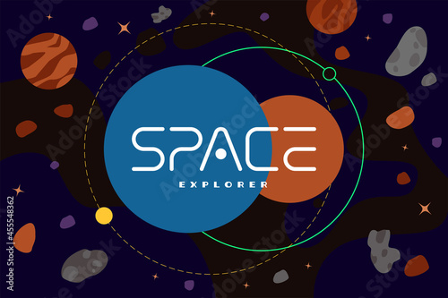 Space explorer poster concept. Galaxy exploration company logotype template in universe with celestial bodies, asteroids and nebula. Futuristic star trip banner design. Cosmic travel brand vector icon