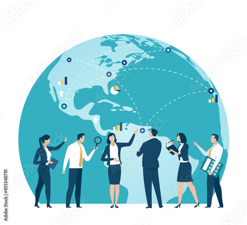 Global trade, investing. Business vector illustration. The team discusses in front of globe.
 photo