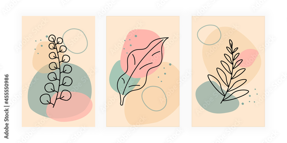 Modern abstract line art. Wallpaper for mobile phones. Posters with plants, geometric shapes and branches. Design elements for wall decoration. Flat vector illustration isolated on beige backdrop