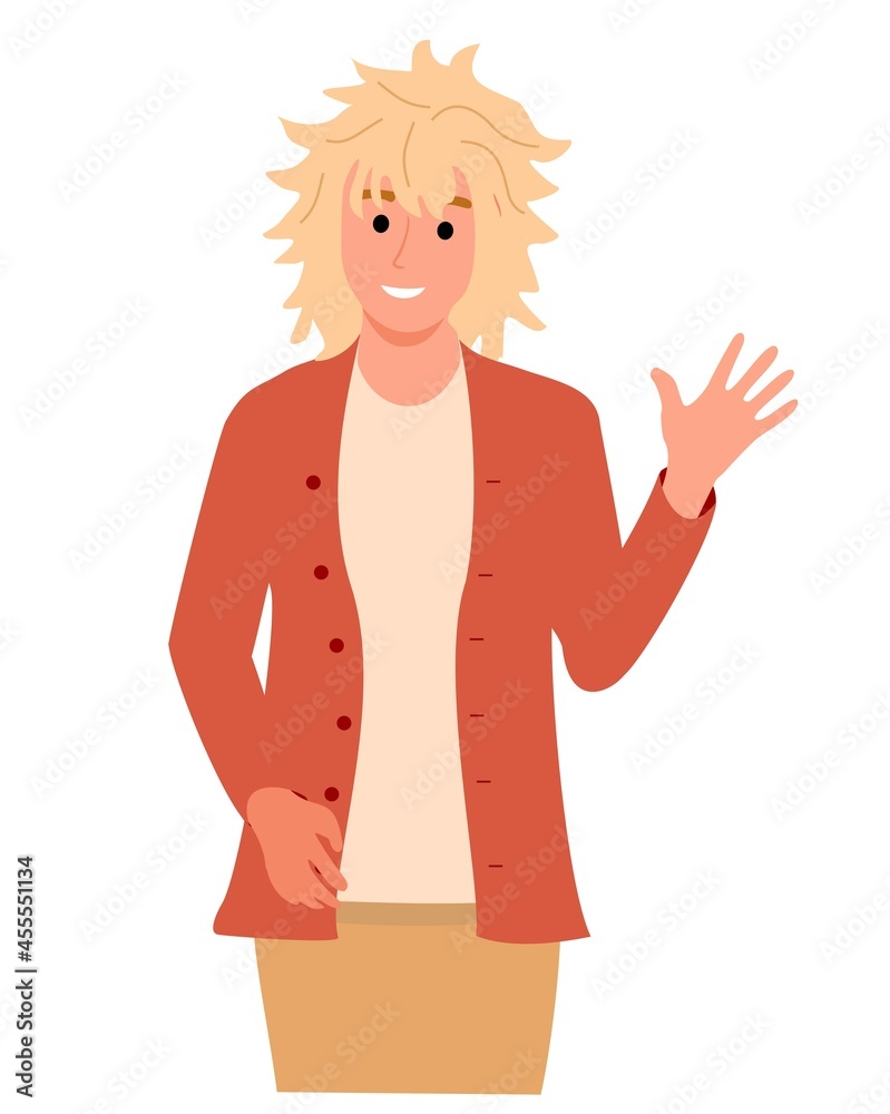 Smiling woman waving. Woman greeting gesture, hand saying hi. Women in casual clothes say hello. Waving hand and gesturing in friendly way. Character wave their hand. Flat vector illustration isolated