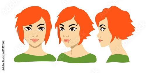 Set of women portrait three different angles. Close-up vector cartoon illustration. Different view front, profile, three-quarter of a girl face. Young beautiful girl portrait.