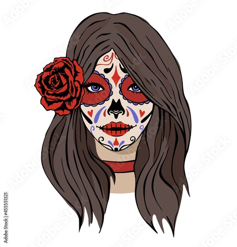 Beautiful girl with a scary makeup. The holiday of the day of the dead. Dia de los muertos. Catrina. Halloween. Beautiful girl. Dia de los muertos poster with katrina skull vector illustration design photo