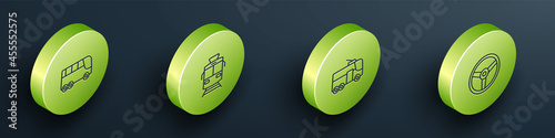 Set Isometric line Bus, Tram and railway, Trolleybus and Steering wheel icon. Vector