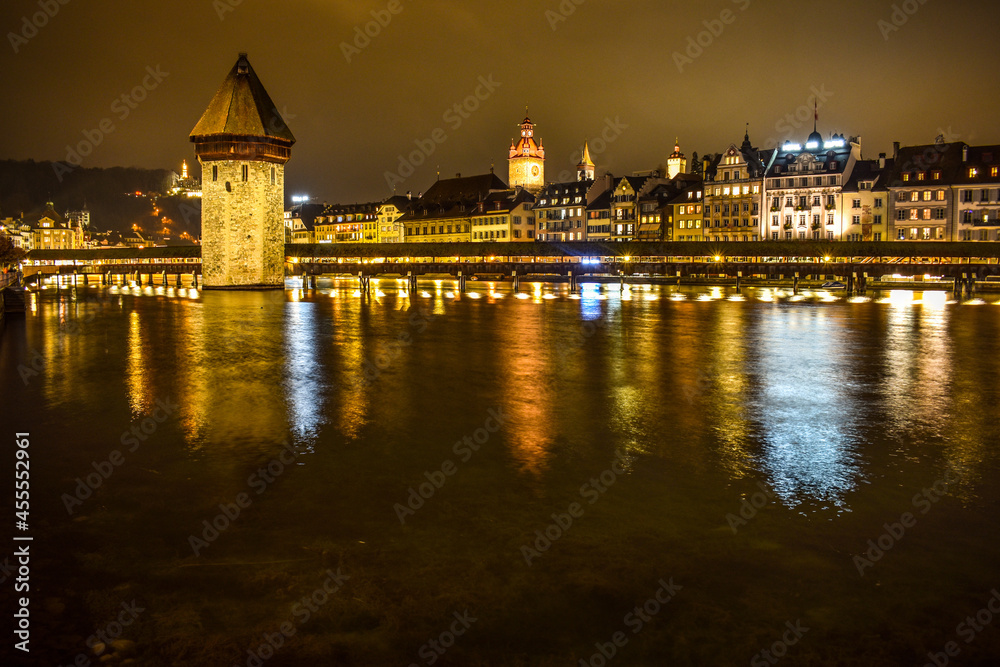 A night view of Chapel bridge in Luzern