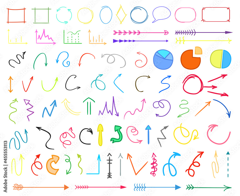 Colored infographic elements on white background. Hand drawn simple arrows. Line art. Set of different pointers. Abstract indicators. Doodles for work. Art creation Colored infographic elements on white background. Hand drawn simple arrows. Line art. Set of different pointers. Abstract indicators. Doodles for work. Art creation