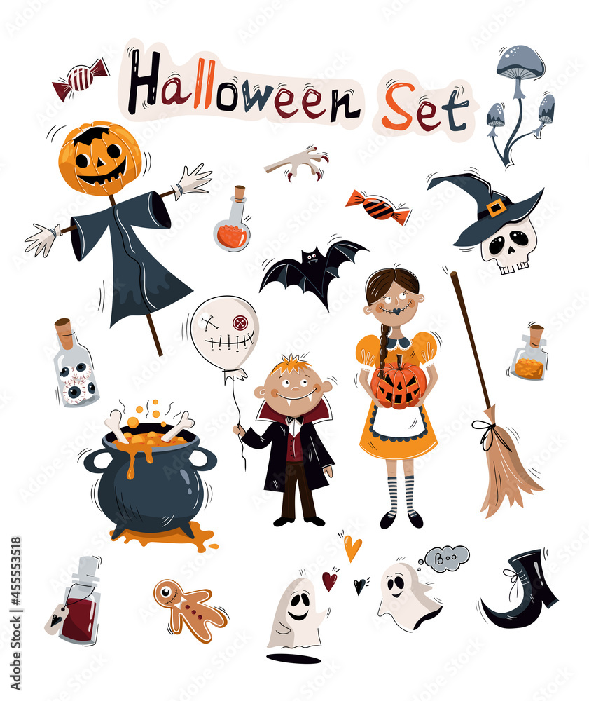 Halloween vector set.Happy halloween illustration. Vector illustrations of witch girl and vampire boy, skull, ghost, pumpkin, bat, potion jar, pumpkin stuffed animal, poisonous mushrooms, witch's shoe