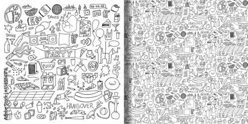 Adult Party hand drawn doodle set and seamless pattern