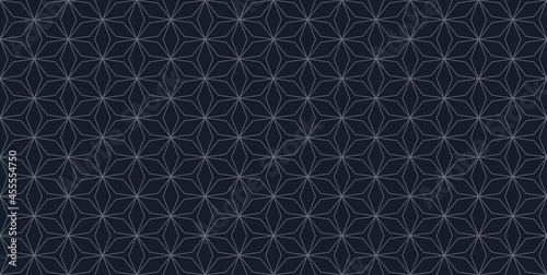 Vector abstract geometric seamless pattern. Thin lines texture, hexagonal floral lattice, mesh, grid. Oriental traditional luxury background. Subtle dark blue ornament, repeat tiles, modern design