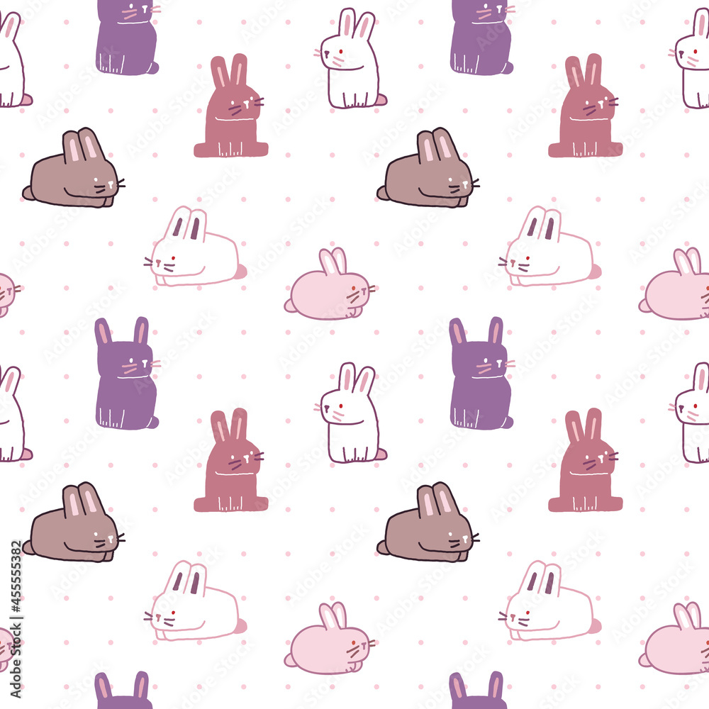 Fototapeta premium Seamless Pattern of Cartoon Rabbit Design on White Background with Pink Dots