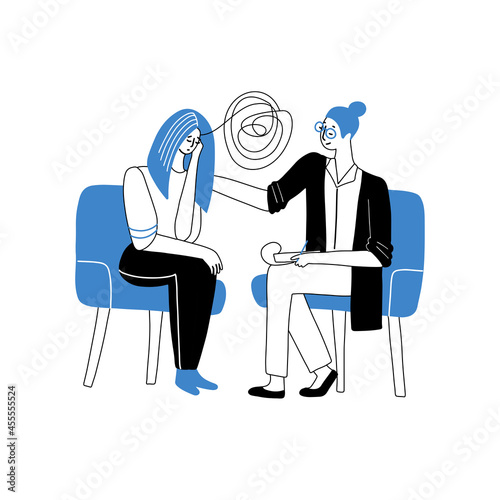 Crying girl at a psychologist's appointment. Psychotherapy concept of treating mental problems or depression. Female psychologist supports the client. Doosle linear vector illustration.