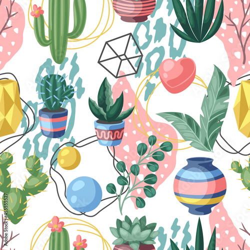Seamless pattern with cactuses and succulents. Decorative spiky flowering cacti and plants in flowerpots.