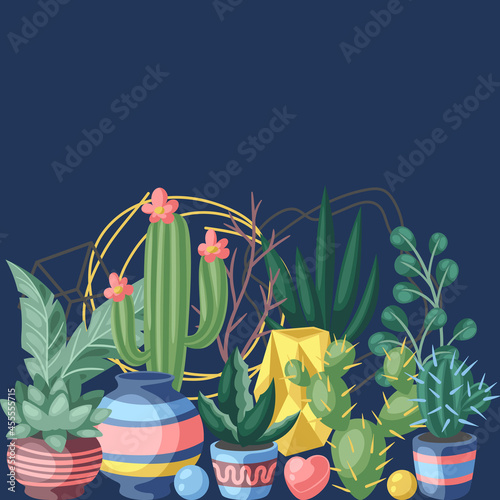 Background with cactuses and succulents. Decorative spiky flowering cacti and plants in flowerpots.