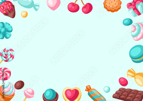 Frame with various candies and sweets. Confectionery or bakery stylized illustration.