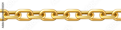 Realistic gold plated seamless metal chain with golden links isolated on white background. Vector illustration.