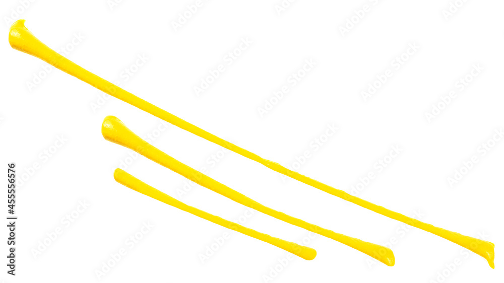 Yellow mustard sauce isolated on a white background, top view. Mustard sauce strips. Yellow mustard sauce isolated on a white background, top view. Mustard sauce strips.