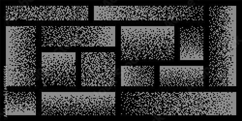 Pixel disintegration, decay effect. Various rectangular elements made of square shapes. Dispersed dotted pattern. Mosaic texture with simple particles. Vector illustration.