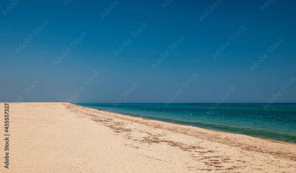 Beach near the black blue sea. Beautiful landscape, summer and heat, a lot of sand, birds near the water