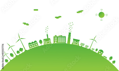 Ecological city and environment conservation. Green city with renewable energy sources. Sustainable development concept. Save the world.