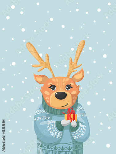 A cute reindeer in a winter sweater is holding a New Year's gift. Congratulatory Christmas card. Vector hand drawn illustration with snowy background.
