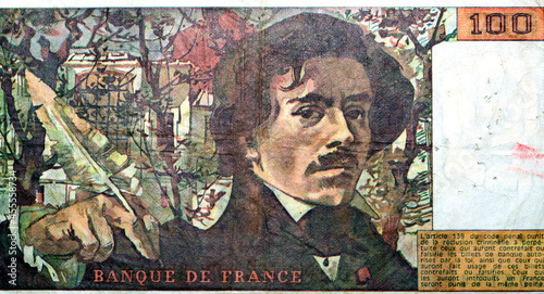 Reverse side of 100 one hundred French cent francs banknote currency 1979 by Bank of France features portrait of Eugène Delacroix with a feather, old French money, vintage retro, uncirculated