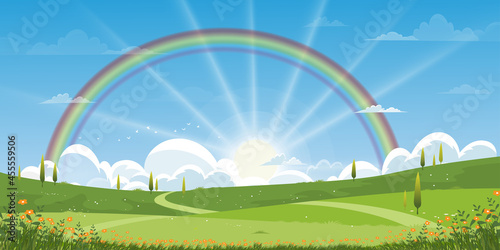 Spring green fields landscape with rainbow, mountain, blue sky and clouds background,Panorama rural nature in springtime with green grass land. Cartoon vector illustration for spring and summer banner