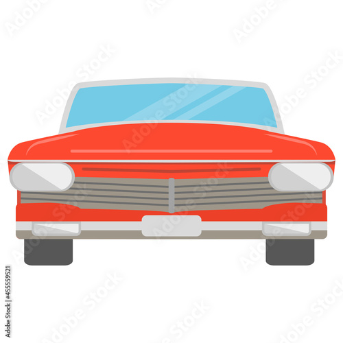 Retro red car front view.Isolated on white background.Vector flat illustration.Vintage vehicle.