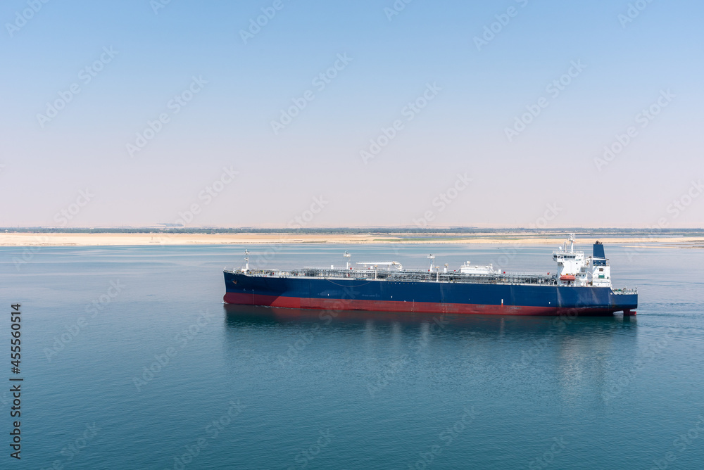 Tanker ship sailing through Great Bitter Lake during her Suez Canal transit.