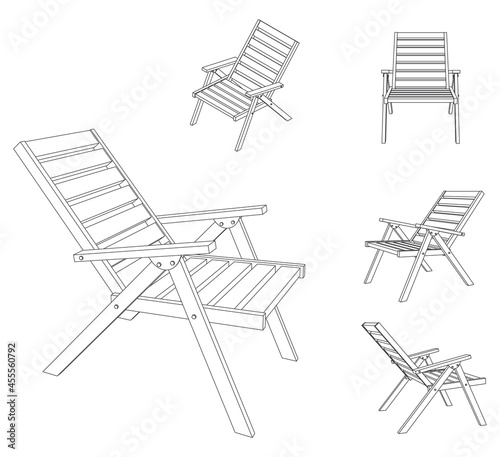Vector illustration of folding chair with different views, outline