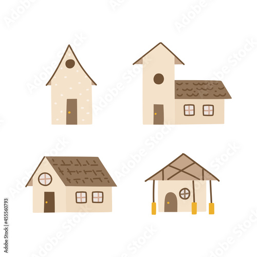 Set of 4 cute doodle houses in beige and brown colors. Simple hand-drawn vector illustrations isolated on white background.