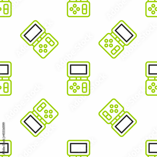Line Portable tetris electronic game icon isolated seamless pattern on white background. Vintage style pocket brick game. Interactive playing device. Vector