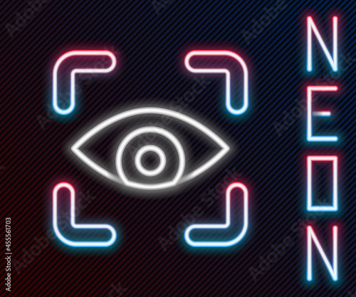 Glowing neon line Eye scan icon isolated on black background. Scanning eye. Security check symbol. Cyber eye sign. Colorful outline concept. Vector